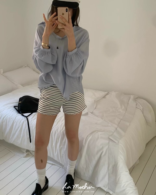 褲管捲邊素色條紋棉褲